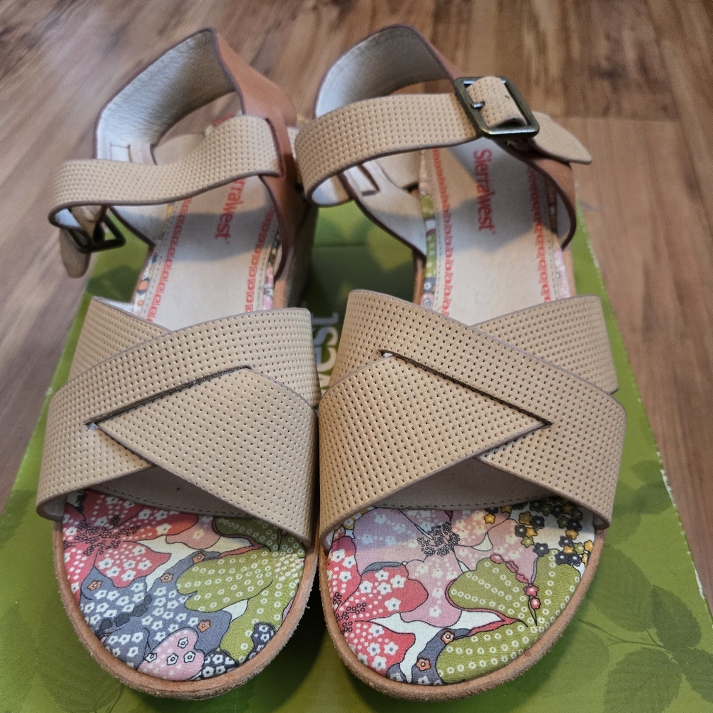 Tan Sandals with Crisscross Straps and Adjustable Ankle Closure